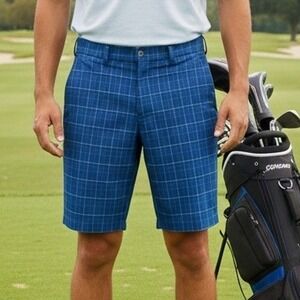 PGA Tour $68 Size 34 (36") Blue Navy White Plaid 9" Bermuda Golf Athletic Shorts
